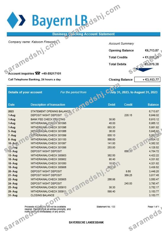 Bayerische Landesbank Bank firm account statement Word and PDF template